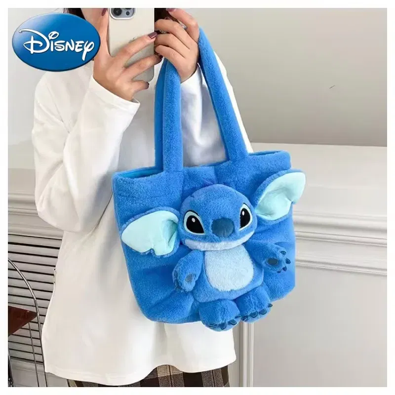 Color: SKY BLUE, Size: Extra Large - Disney 2024 New Cartoon Plush Doll Shoulder Bag Sweet and Cute Stitch Strawberry Bear Soft Cute Girls Handbag