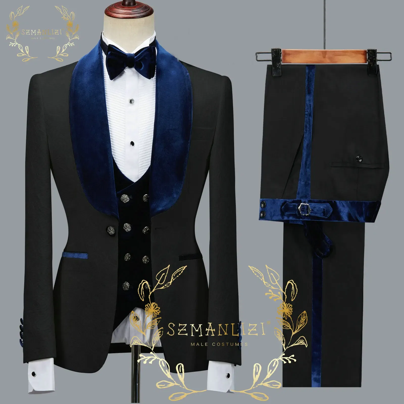Color: Dark Grey, Size: One Size - SZMANLIZI 2022 Latest Designs Black Floral Party Blazer Men Suits Costume Homme Groom Tuxedos Wedding Terno Masculino 3 Pieces