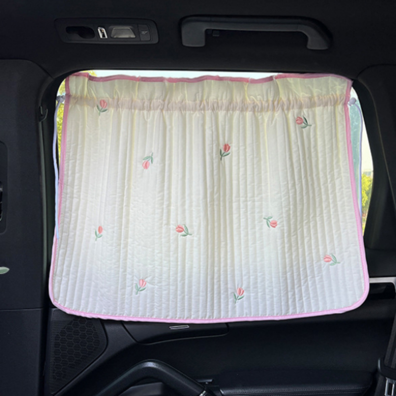 Color Name: Red - Cute Cartoon Embroidered Thickened Cotton Baby Car Window Sunshade Cover UV Protection Suction Cup Installed Sliding Curtain