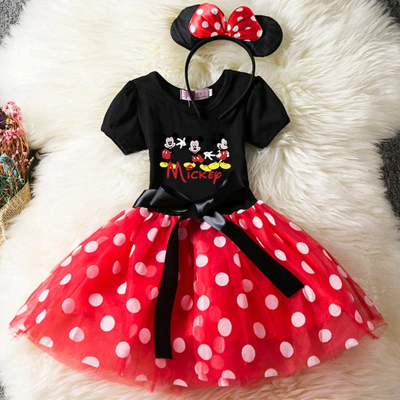 Color: MULTI, Size: M - Cartoon Mickey Minnie Mouse Kids Short Sleeve Polka Dot Princess Dress 1-6Y Party Baby Girls Clothes Cosplay Costumes