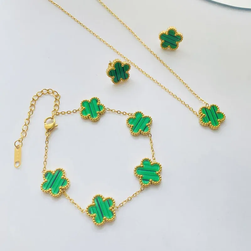 Metal color: Light Yellow Color - 3pcs/set Stainless Steel Flower Jewelry Set Gifts Luxury Modern Fashion Charm Necklace Earrings Bracelet Set Jewelry for Women