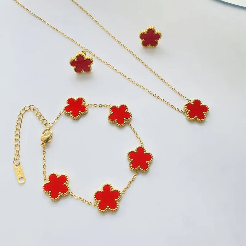 Metal color: Light Yellow Color - 3pcs/set Stainless Steel Flower Jewelry Set Gifts Luxury Modern Fashion Charm Necklace Earrings Bracelet Set Jewelry for Women