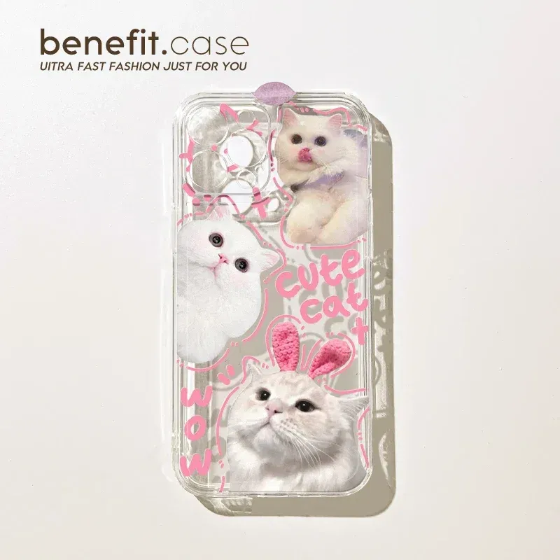 Color: Beige, Material: Nylon - Cute Kitten Phone Case for iPhone 15 14 13 12 11 Pro Max XR XS X 7 8 Plus Mini SE Clear Cat Mobile Case