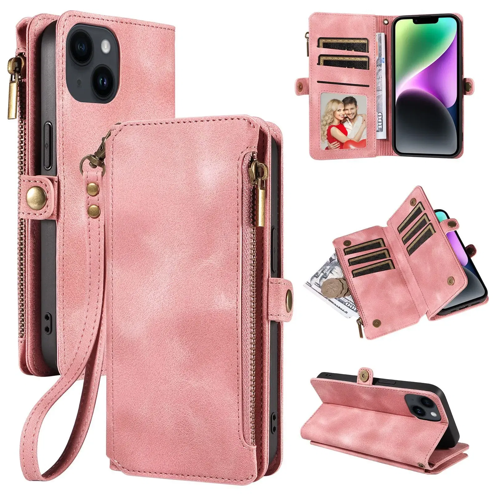 Color: Brown, Material: Cotton Fabric - Zipper Multi 9 Cards Wallet Case for OPPO Reno 12 10 8 7 6 5 Pro 11F 11A 8T 6Z 5Z Retro Leather Lanyard Wrist Strap Phone Cover