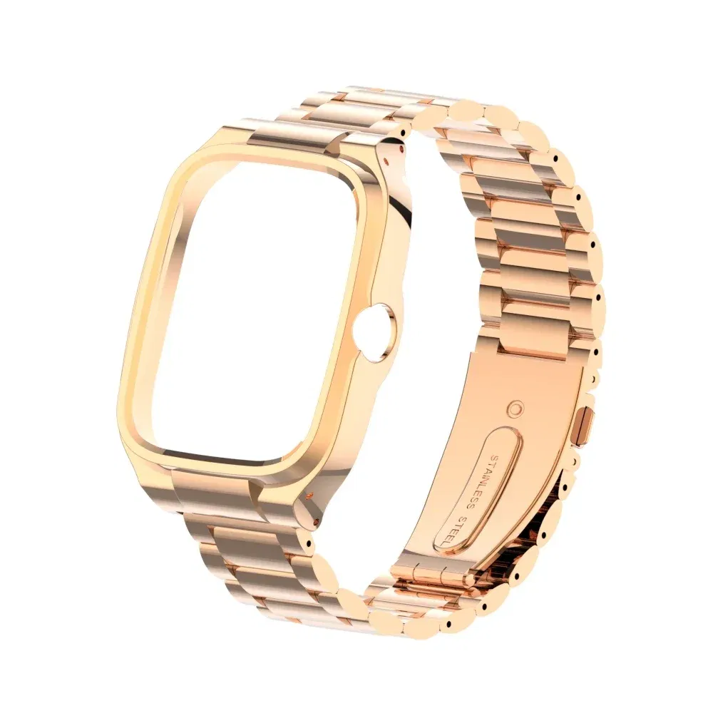 Band Color: Gold, Band Width: 15mm - Suitable for Redmi Watch 4 solid stainless steel three-ball strap, metal protection case strap Redmi Watch 4 replacement strap