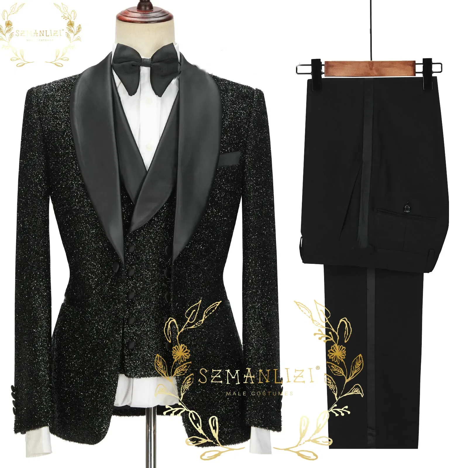 Color: Silver, Size: 4XL - SZMANLIZI 2022 Latest Designs Black Floral Party Blazer Men Suits Costume Homme Groom Tuxedos Wedding Terno Masculino 3 Pieces