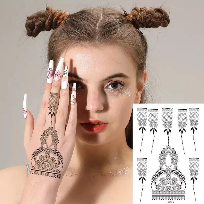 Color: BRONZE, Ships From: CHINA - Black Henna Temporary Tattoos for Women Lace Flower Mehndi Sticker for Hand Fake Henna Tattoo Sticker Body Art Hena Tatoo