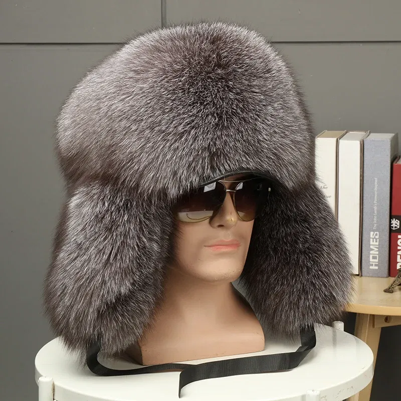 Color: SKY BLUE, Hat Size: 56 - 2025 Winter 100% Real Silver Fox Fur Bomber Hat Raccoon Fur Ushanka Cap Trapper Russian Men's Ski Hats Caps