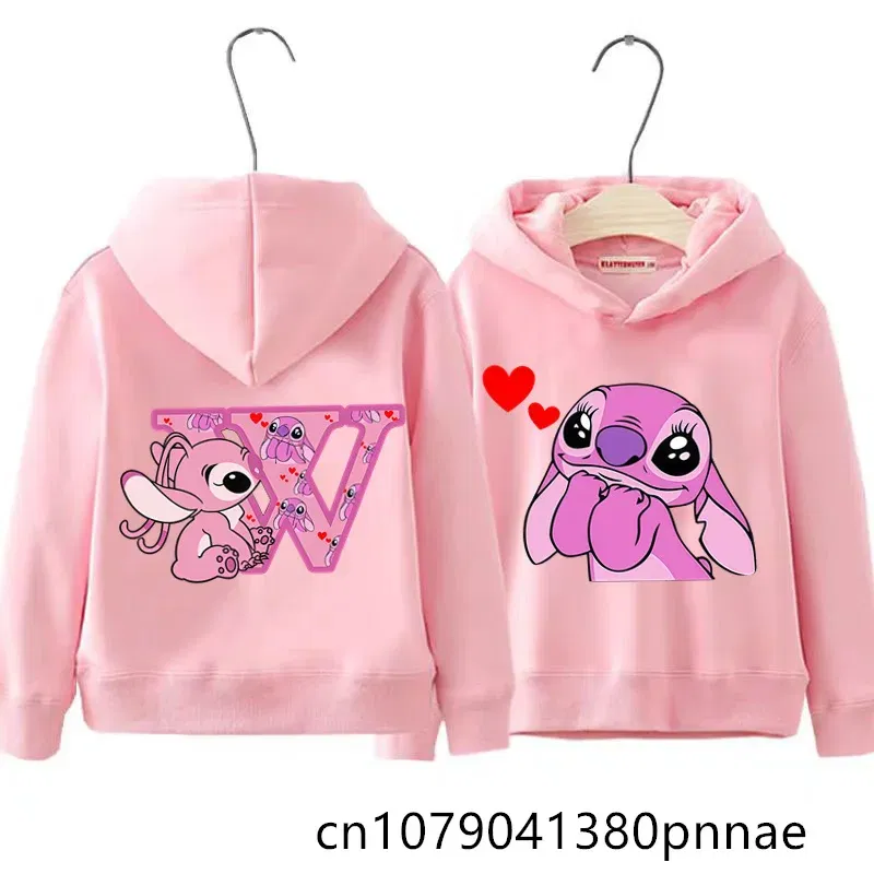 Color: Silver, Kid Size: 13 - Girls Boys Lilo and Stitch Sportswear Hoodies Casual Fashion Sweatshirts Angel Letter AZ Anime Autumn/Winter Hoodie Kids Hoodies