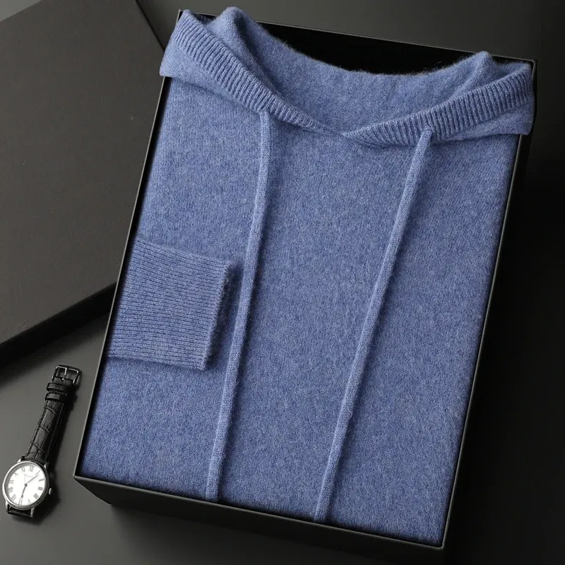 Color: SKY BLUE, Size: L - MEETCC Luxury Men Cashmere Hooded Pullover Thick Warm Hoodie Sweater Autumn Winter 100% Cashmere Knitwear Quality Jumpers Tops