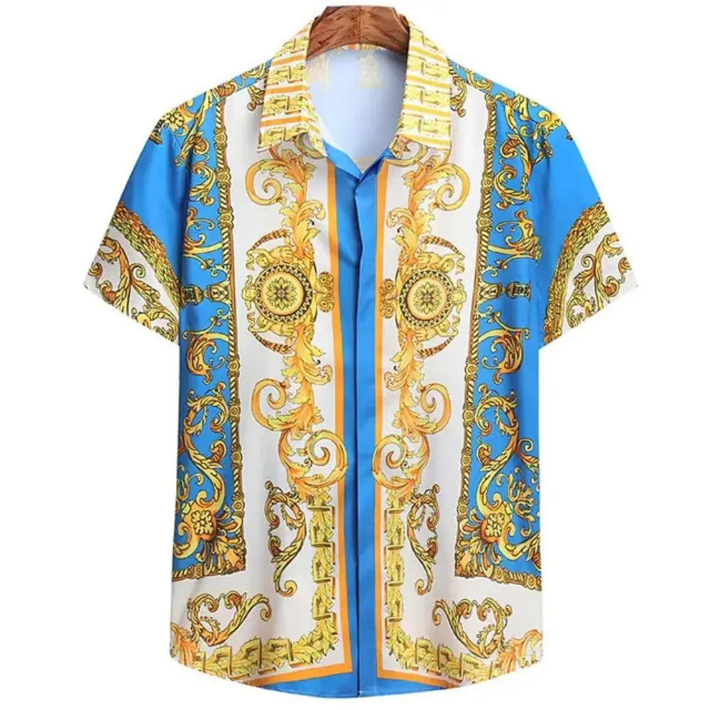 Color: Blue, Size: L - Summer Fashion Men's Short Sleeve Casual Shirts Luxury Style Gold Printed Tops Everyday Casual Wear Men's Shirts Oversized Tops