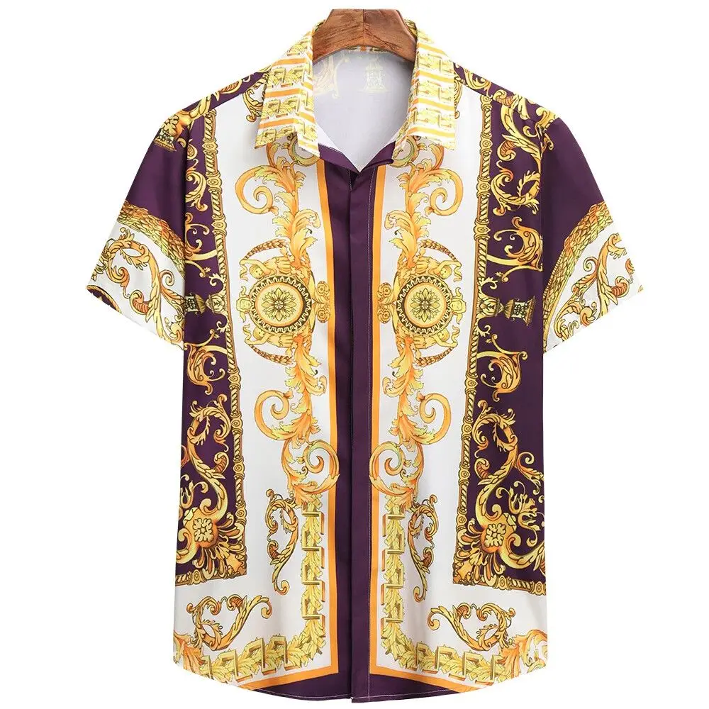 Color: Blue, Size: L - Summer Fashion Men's Short Sleeve Casual Shirts Luxury Style Gold Printed Tops Everyday Casual Wear Men's Shirts Oversized Tops
