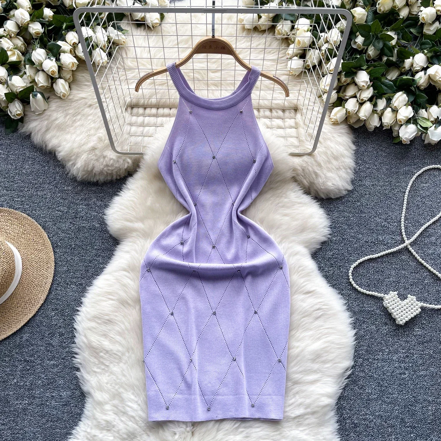 Color: WHITE, Size: One Size - Beading Halter Women's Knitting Sheath Tank Dress Female Bodycon Knitted Camisole Sleeveless Mini Dresses For Woman Outfits