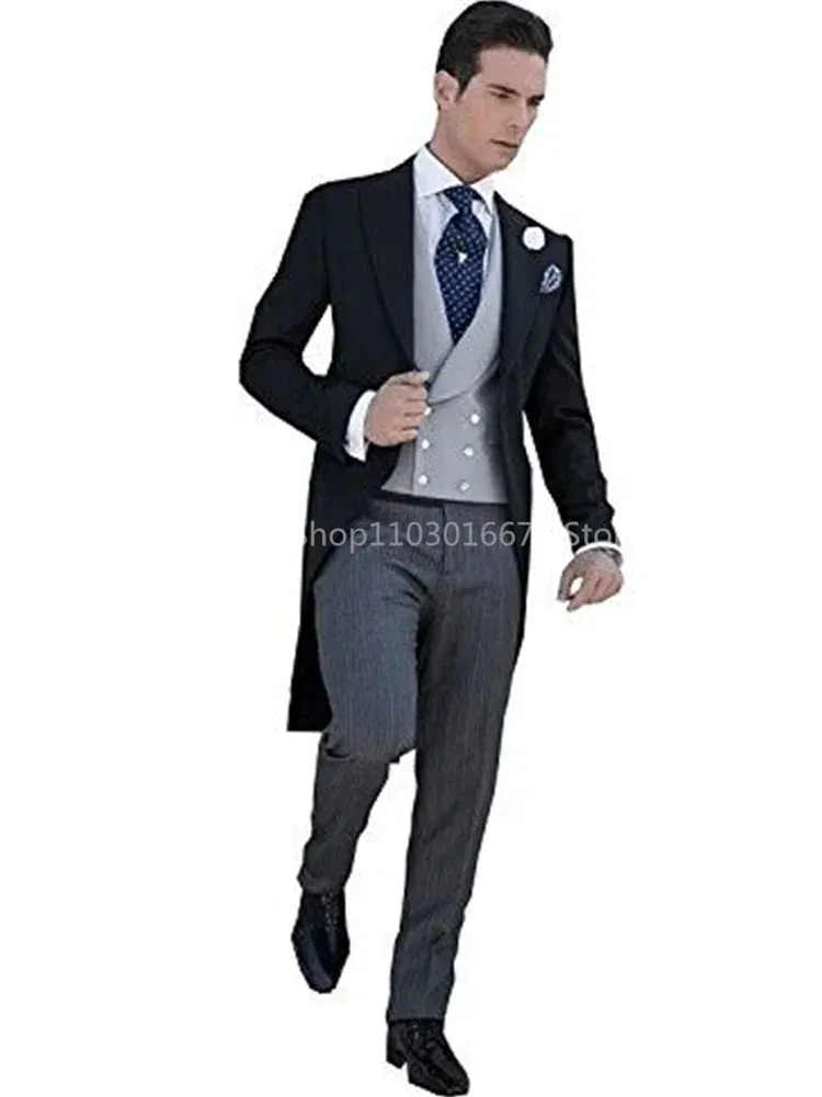 Black Long Tail Blazer 3 Pieces Gentleman Male Suit Men's Fashion Groom Tuxedo for Wedding Party Prom Jacket Vest with Pants