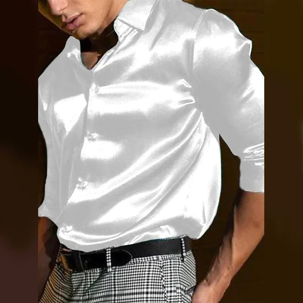 Color: WHITE, Size: XXL, Ships From: CHINA - Casual Men's Satin Silk Dress Shirts Long Sleeve Social Single Breasted Button Turn-Down Collar Shirts Wedding Party Men Clothes