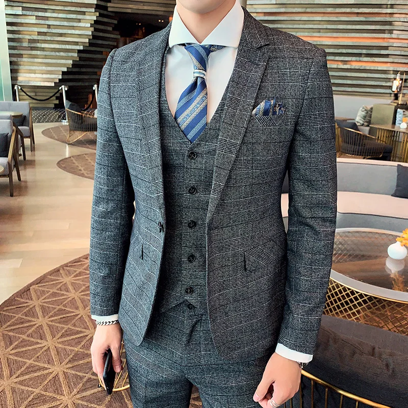 Color: Burgundy, Size: S - Gray Men Classic Striped/Checked Suits, Business Office 3 Piece, Asian Size Slim Fit Men Dress Jacket & Pants with Vest, S-4XL