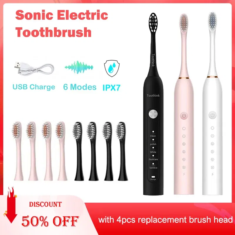 Color: transparent - Toothink Electric Toothbrush Smart Timing Tooth Brush Rechargeable Teeth Clean Whitening Sonic Toothbrush With Replacement Head