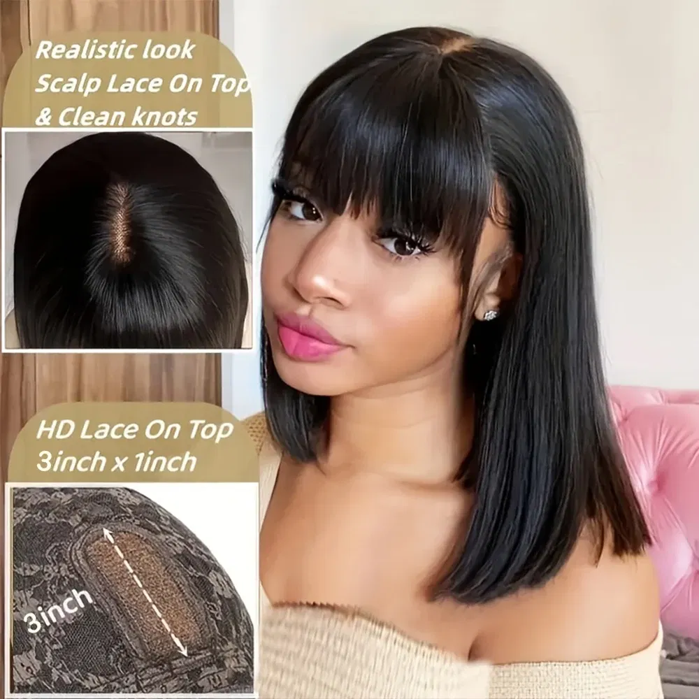 Stretched Length: 22INCHES, Lace Wig Type: 4*1, Density: 150%, Ships From: CHINA - 30 Inch 3X1 Middle Part Lace Human Hair Wig With Bangs For Women Straight Brazilian Wigs On Sale Cheap Fringe Short Bob Wigs