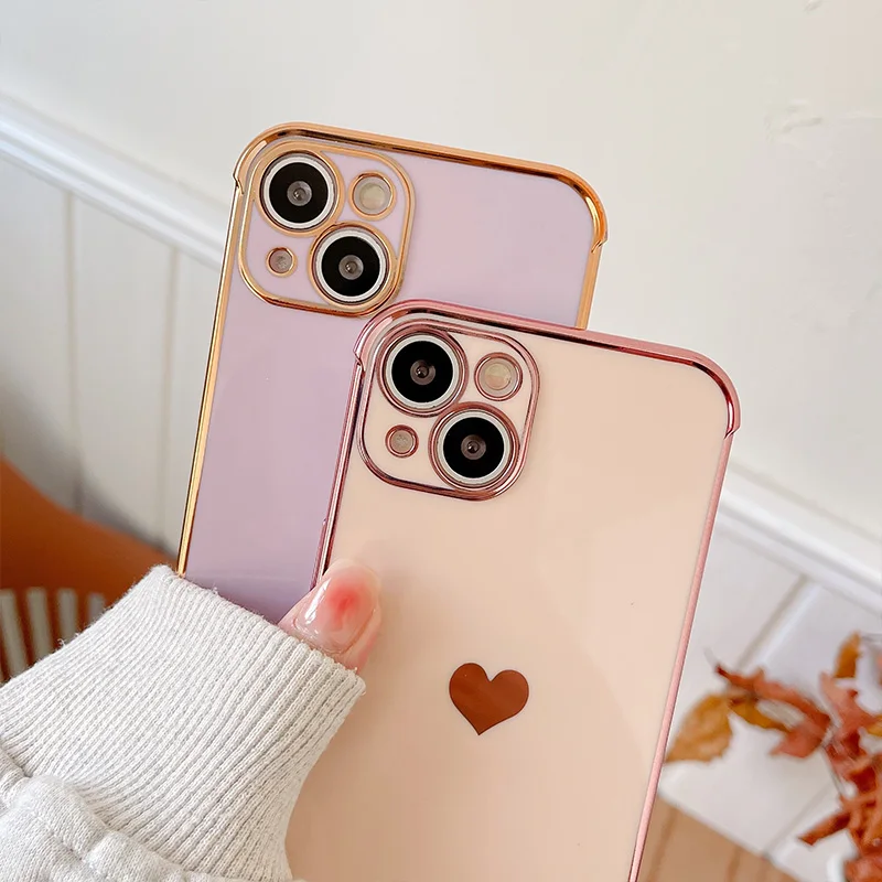 Color: Orange, Ships From: CN, Material: Neoprene - Electroplating Side Love Heart Phone Case For IPhone 16 15 14 13 12 11 Pro Max XR 8 Plus SE2/SE3 Shockproof Back Cover
