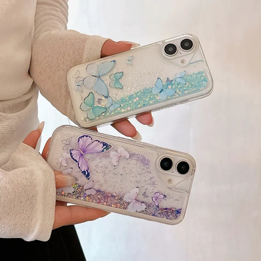Color: PURPLE, Material: Cotton Fabric - Luminous Quicksand Glitter Butterfly Case for iPhone 16 15 14 Pro Max Plus 13 12 Mini 11 X Xs XR Soft Silicone Bling Shiny Cover