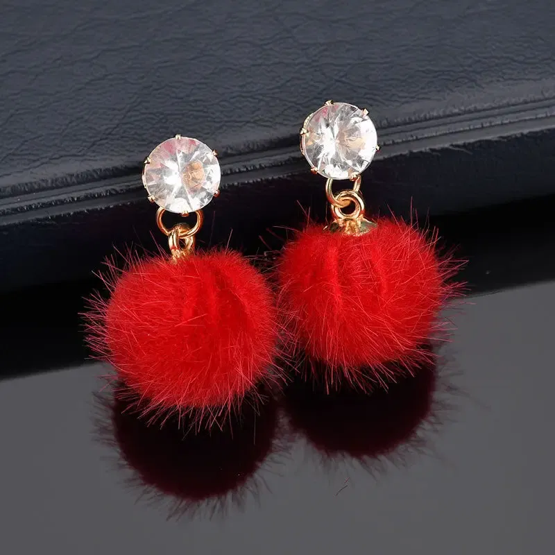 Metal Color: BROWN - New Artificial Hair Dangle Earrings for Women Crystal Top Short Small Fluffy Ball Earrings Boho Fashion Jewelry brincos bijoux