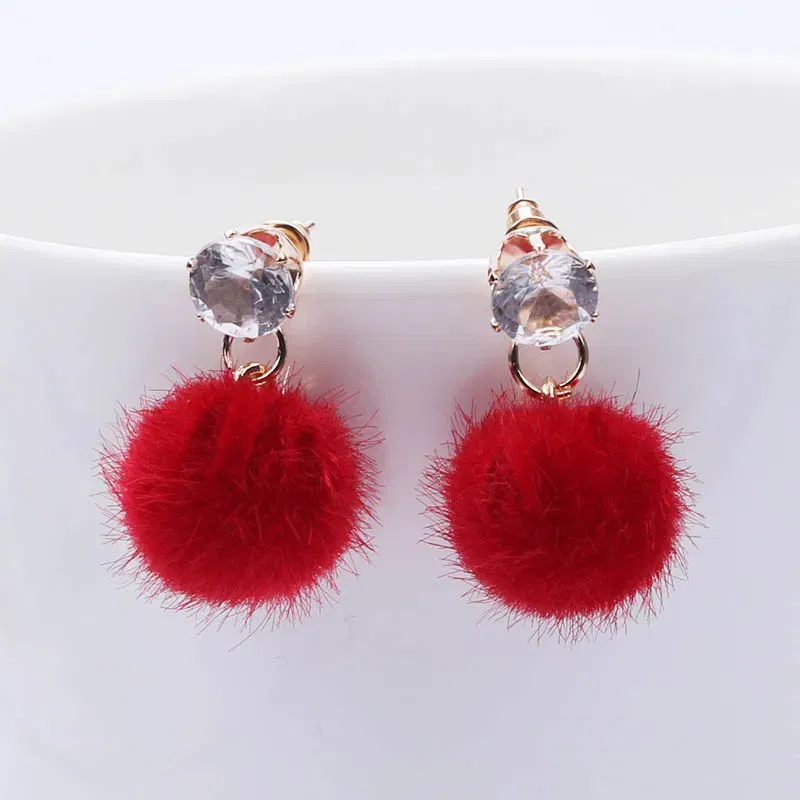 Metal Color: BROWN - New Artificial Hair Dangle Earrings for Women Crystal Top Short Small Fluffy Ball Earrings Boho Fashion Jewelry brincos bijoux