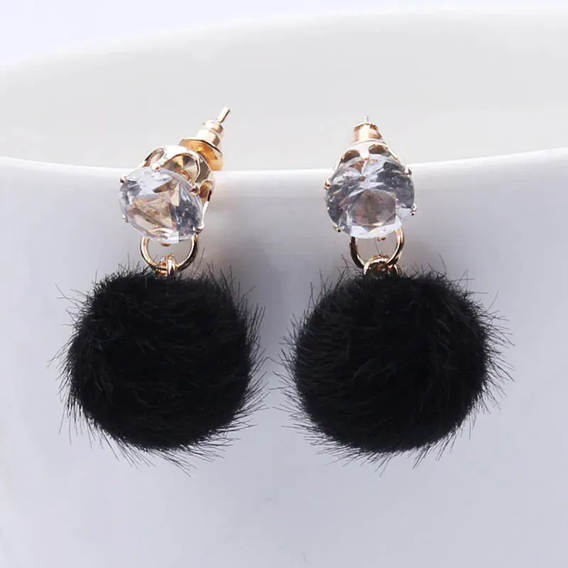Metal Color: BROWN - New Artificial Hair Dangle Earrings for Women Crystal Top Short Small Fluffy Ball Earrings Boho Fashion Jewelry brincos bijoux