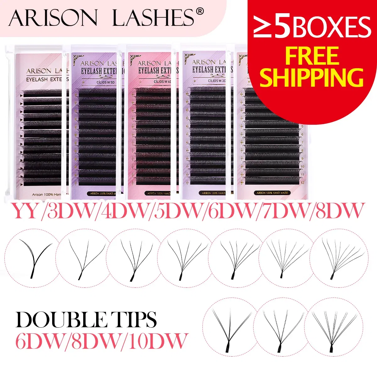 Color: Other, Curl: C, Thickness: 0.07mm, Length: 9mm - ARISON YY Lashes and 3D/4D/5D W Shape Lashes Brasileiro Premade Volume Eyelashes Extension Soft Thin Easily Grafting Extension