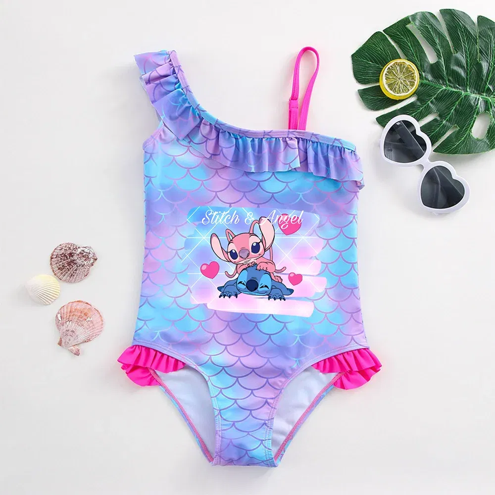 Color: army green, Size: XS - Stitch Girls Swimsuit Fashion Mermaid Fish Scale One-Piece Bathing Suits Children's Dresses Summer Swimwear Beach Suit Kids Wear