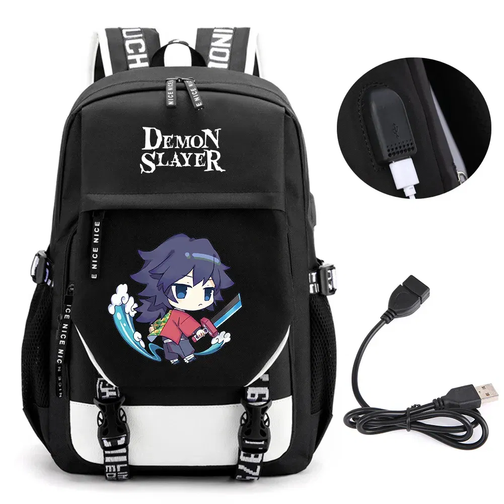 Color: Dark Grey - Anime Demon Slayer Kamado Nezuko Backpack School Book Bags Mochila Travel USB Port Bag Laptop Boy Girls Gift