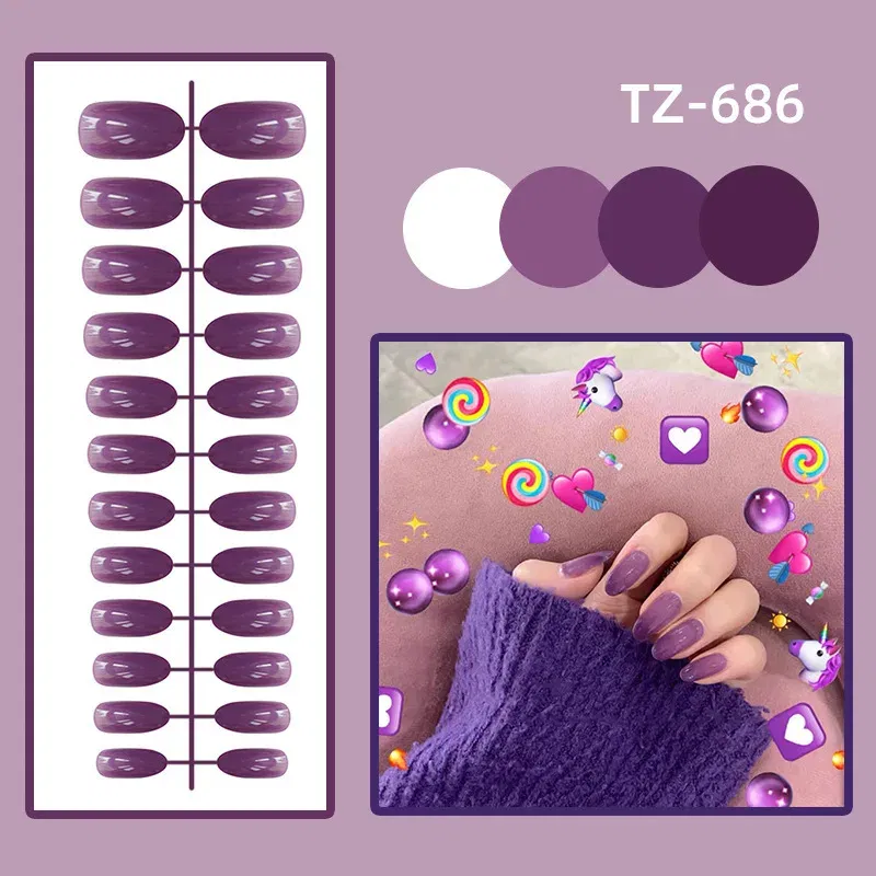 Color: Burgundy - 24Pcs/Set Long Round Head Bright Solid Color Press On Acrylic Nail Art Fake Nails Finished Wearing Manicure Reusable False Nails