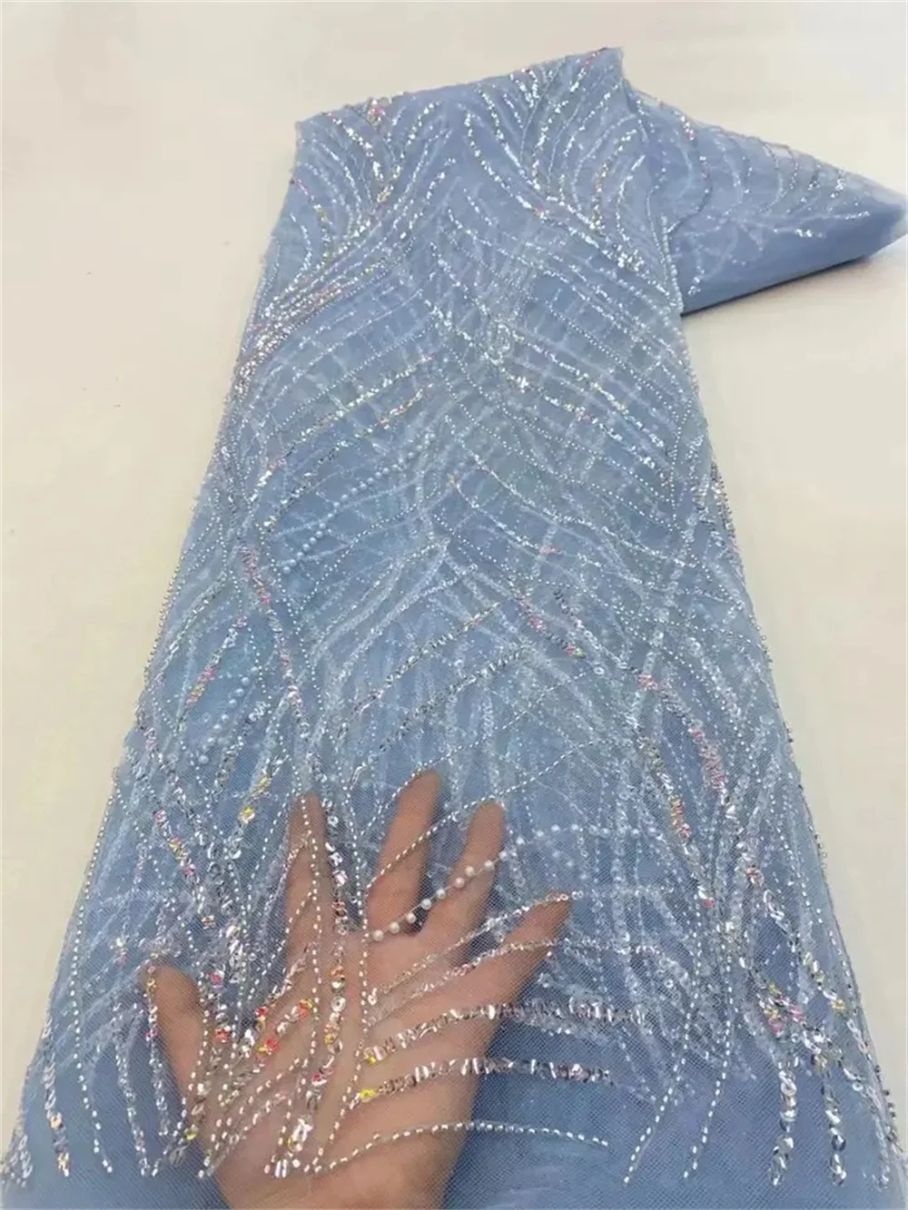 Color: RED, Length: 5 yards, Width: 120cm - Luxury African Sequins Beaded Lace Fabric 2025 High Quality Groom Nigerian Wedding Bridal Embroidery French Tulle Sewing