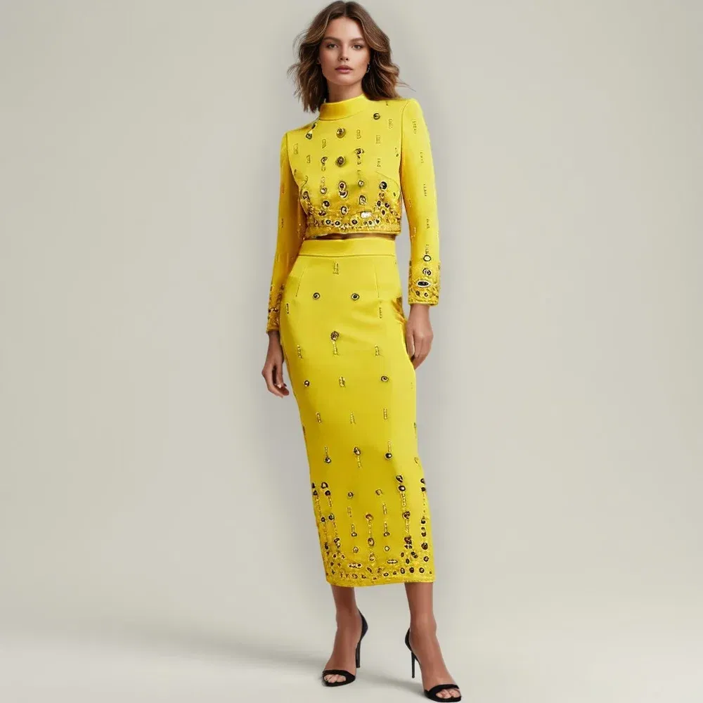 Color: Yellow, Size: L - Spliced Diamonds Two Piece Set For Women Stand Collar Long Sleeve Tops High Waist Skirt Elegant Chic Set Female Fashion New