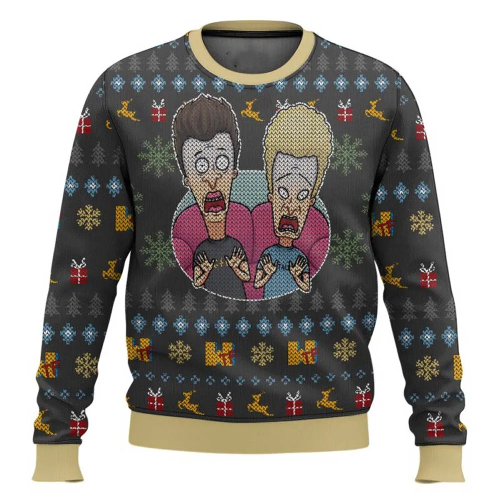 Color: black, Size: S - Xmas Rock Beavis and Butthead Ugly Christmas Sweater Cartoon Anime Women Men Pullover Tops New Fashion Couple Hoodie Sweatshirt