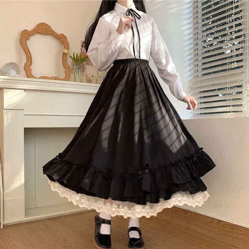 Color: WHITE, Size: L, Ships From: CHINA - Japanese ruffles pleated skirt woman sweet high waist loose Ankle-length skirts women college style black patchwork A-line skirt