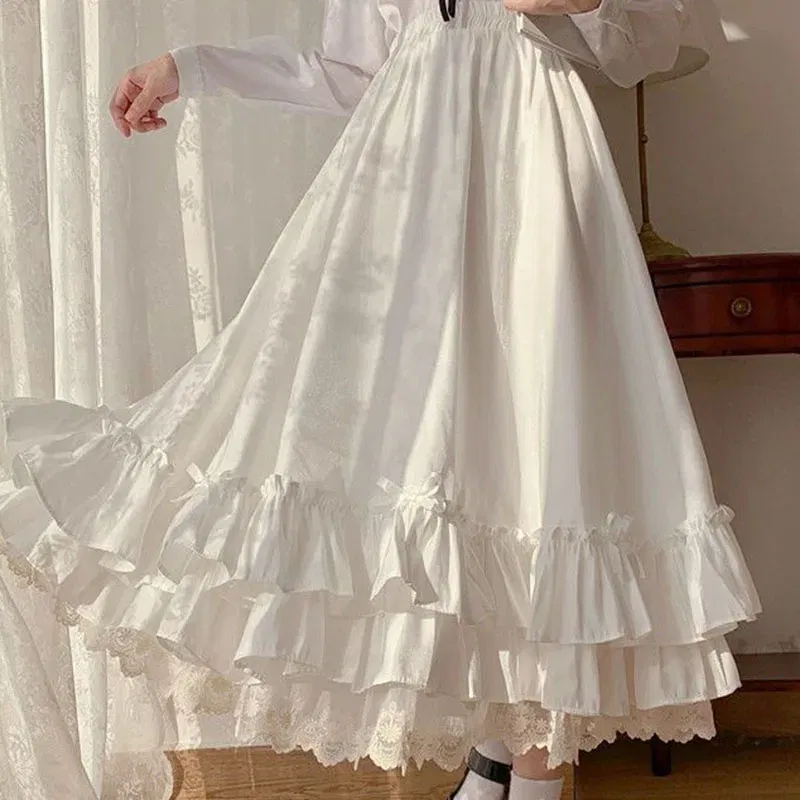 Color: WHITE, Size: L, Ships From: CHINA - Japanese ruffles pleated skirt woman sweet high waist loose Ankle-length skirts women college style black patchwork A-line skirt