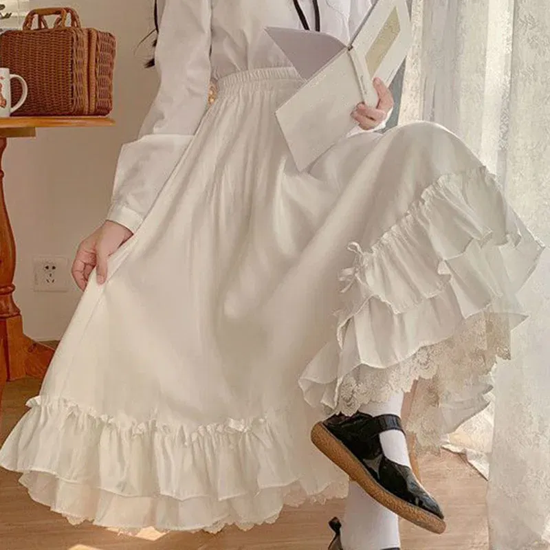 Color: WHITE, Size: L, Ships From: CHINA - Japanese ruffles pleated skirt woman sweet high waist loose Ankle-length skirts women college style black patchwork A-line skirt
