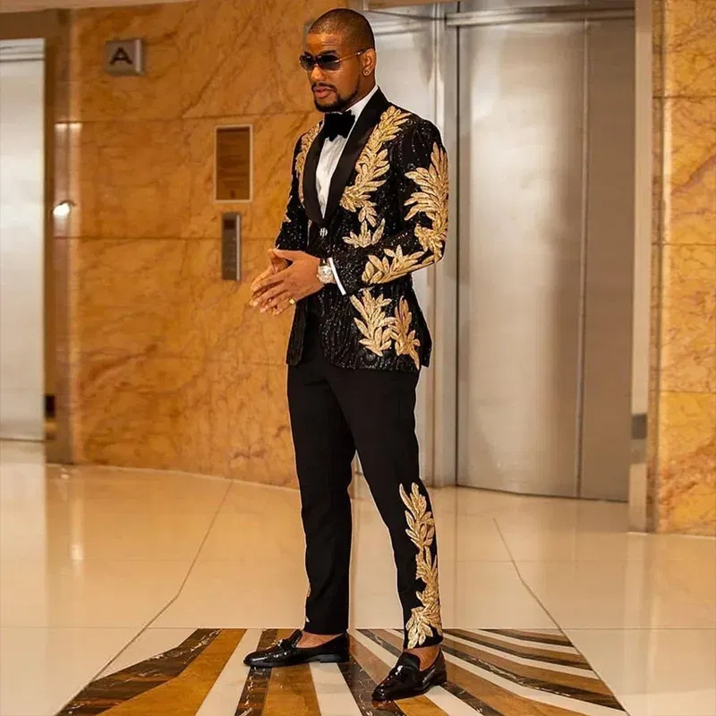 Color: Beige, Size: M - Men's Gold Sequin Applique Fashion Trend Suit Set High-Quality Casual Jacket And Western Pants Two-Piece Ensemble