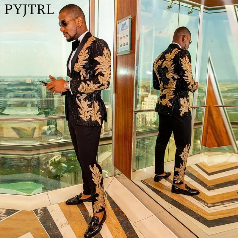 Color: Beige, Size: M - Men's Gold Sequin Applique Fashion Trend Suit Set High-Quality Casual Jacket And Western Pants Two-Piece Ensemble
