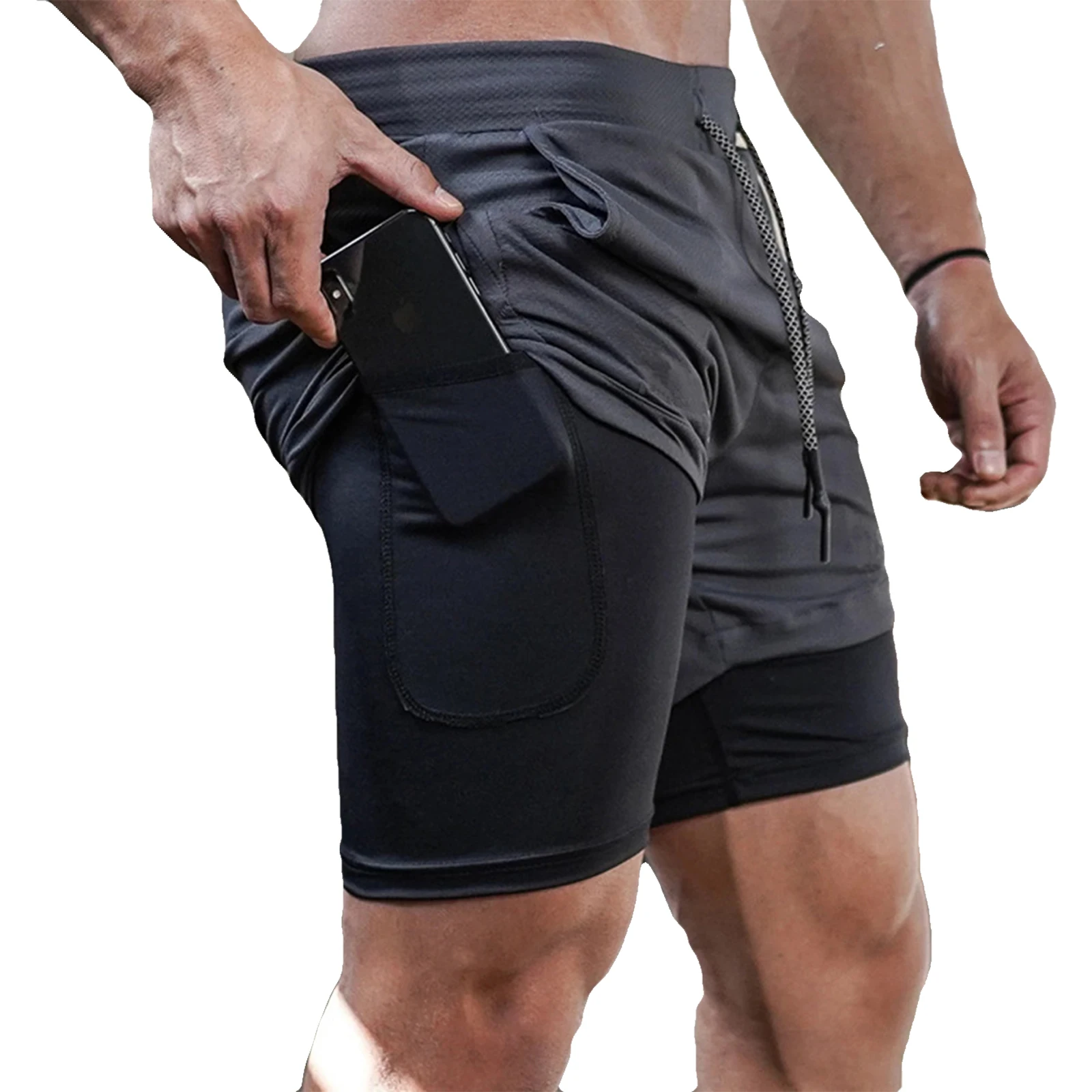 Color: army green, Size: XXL - Men's Double Layer Fitness Shorts Drawstring Mesh Lining Elastic Waist Breathable Quick Dry to Beach Pool Summer Male