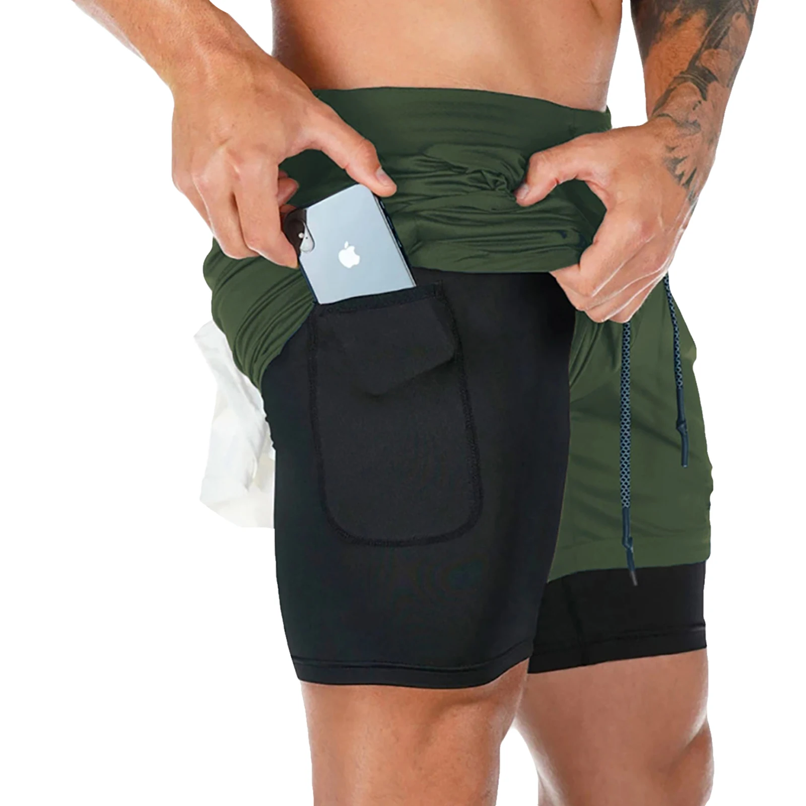 Color: army green, Size: XXL - Men's Double Layer Fitness Shorts Drawstring Mesh Lining Elastic Waist Breathable Quick Dry to Beach Pool Summer Male