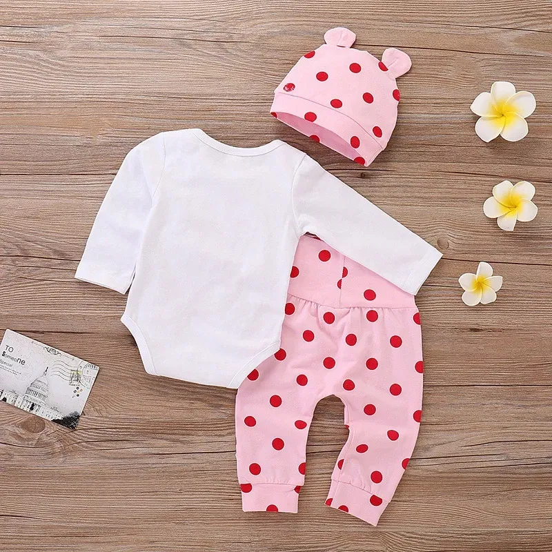 Color: Beige, Kid Size: 6M - Spring Fall Cotton Newborn Baby Girl Clothes 0-3 Months Polka Dot Unisex Infant Clothes Set Boy 3-piece Clothing With Hat