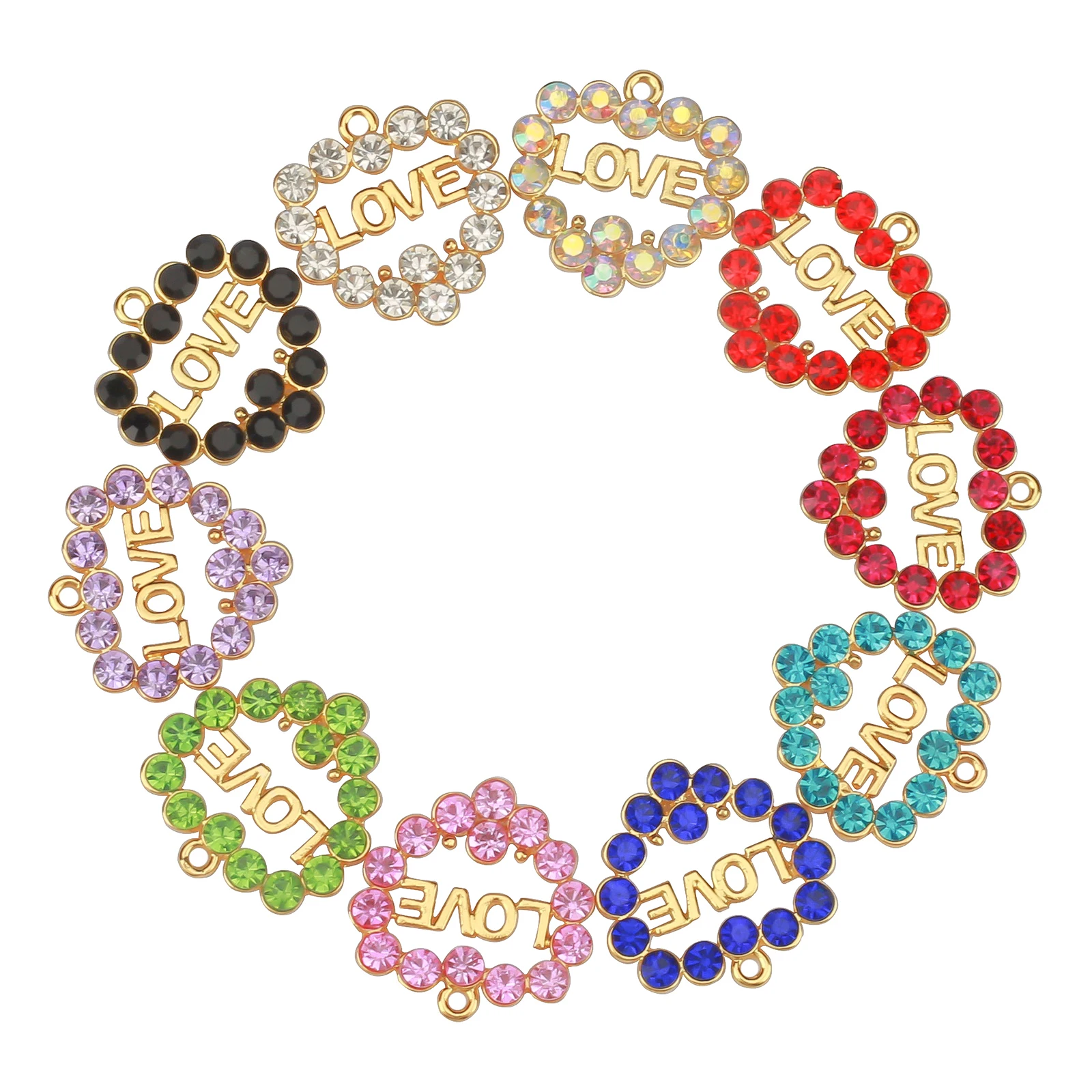 Metal color: Gold-color, Ships From: CHINA - 10pcs Love Heart Charms with Rhinestone Fit for Bracelet Bangle Making DIY HT0072-HT0073