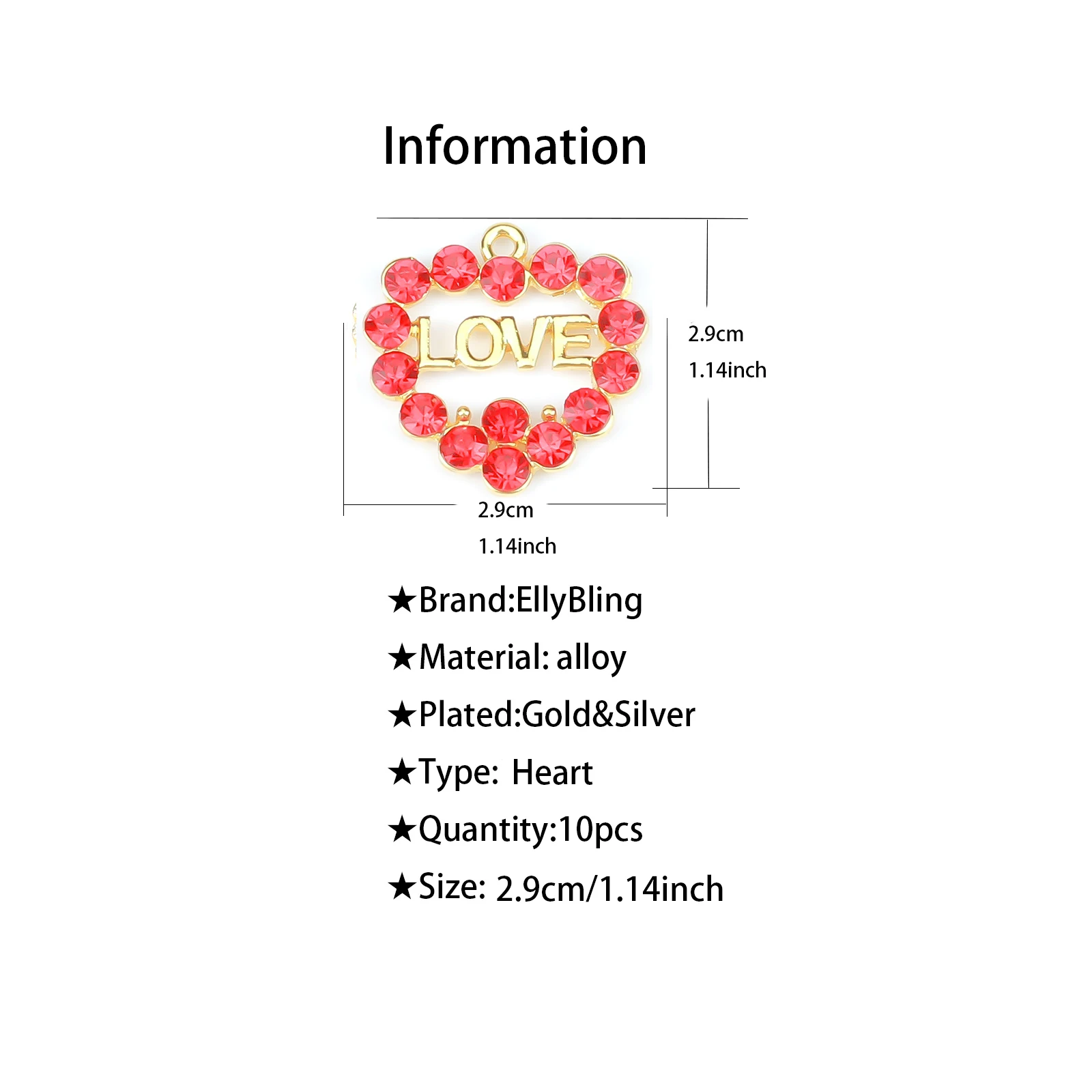 Metal color: Gold-color, Ships From: CHINA - 10pcs Love Heart Charms with Rhinestone Fit for Bracelet Bangle Making DIY HT0072-HT0073