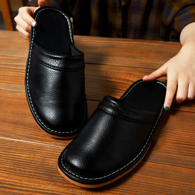 Color: Beige, Shoe Size: 10 - Mens Bedroom Leather Slippers Unisex Black Home Shoes Big Size 47 48 Man's Slippers Indoor Comfy Males Slides Family Flats Shoes