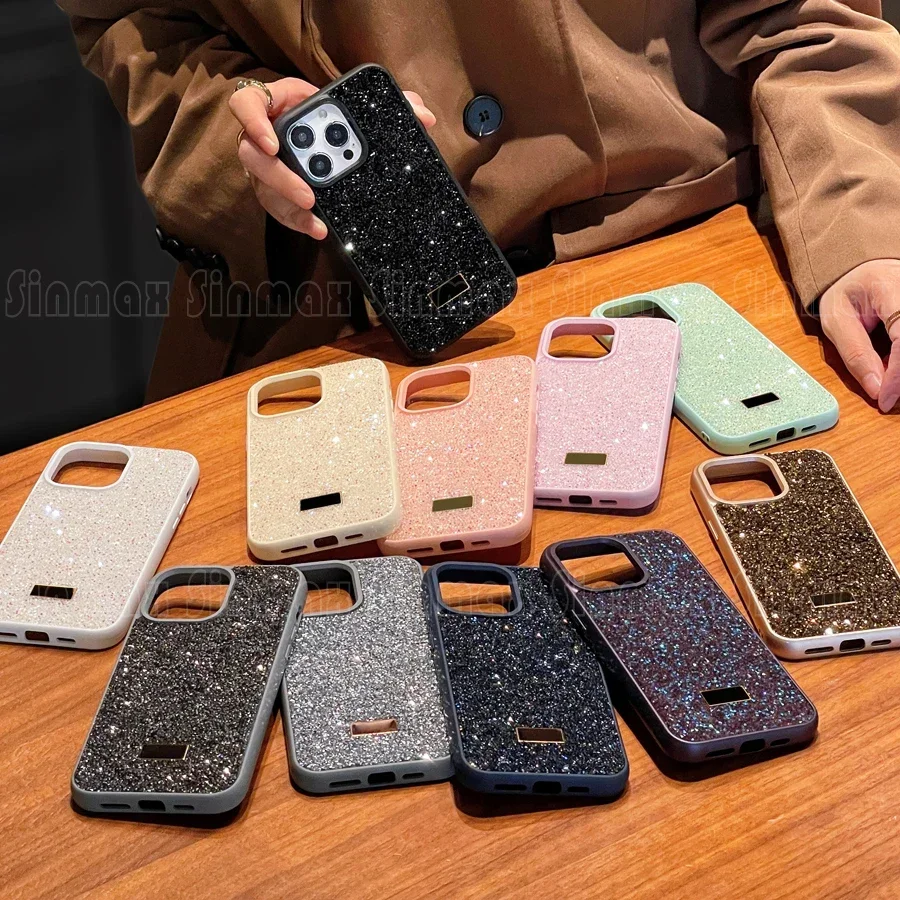 Color: Beige, Material: CANVAS - Bling Glitter Phone Case For iPhone 16 15 14 13 12 Pro Max 11 Vogue Protective Soft Diamond Cover Coque Funda