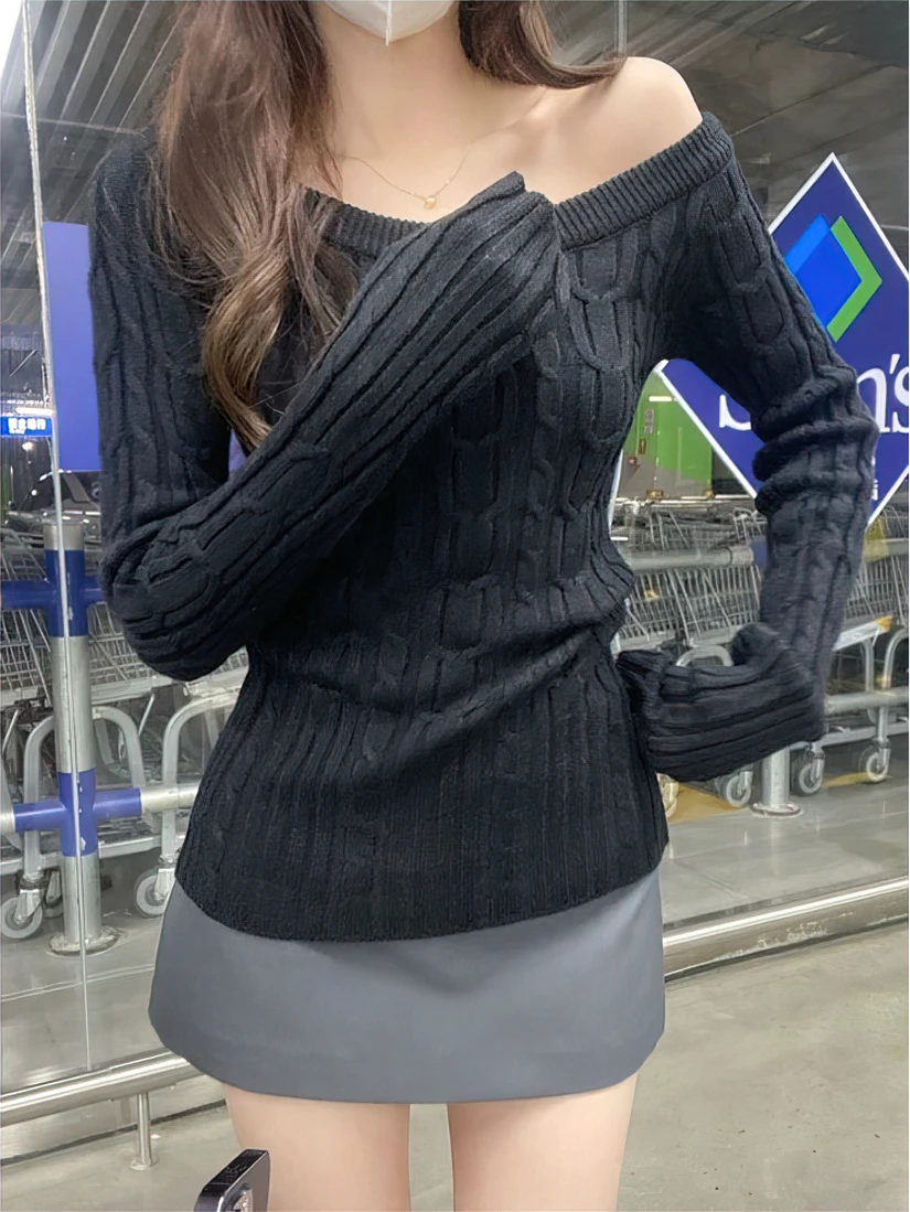 Color: GRAY, Size: M - Casual Off shoulder Rib Knit Sweater Pull Women Long sleeve Top Basic Tees White Slim Pullovers Lady Sexy One Shoulder New