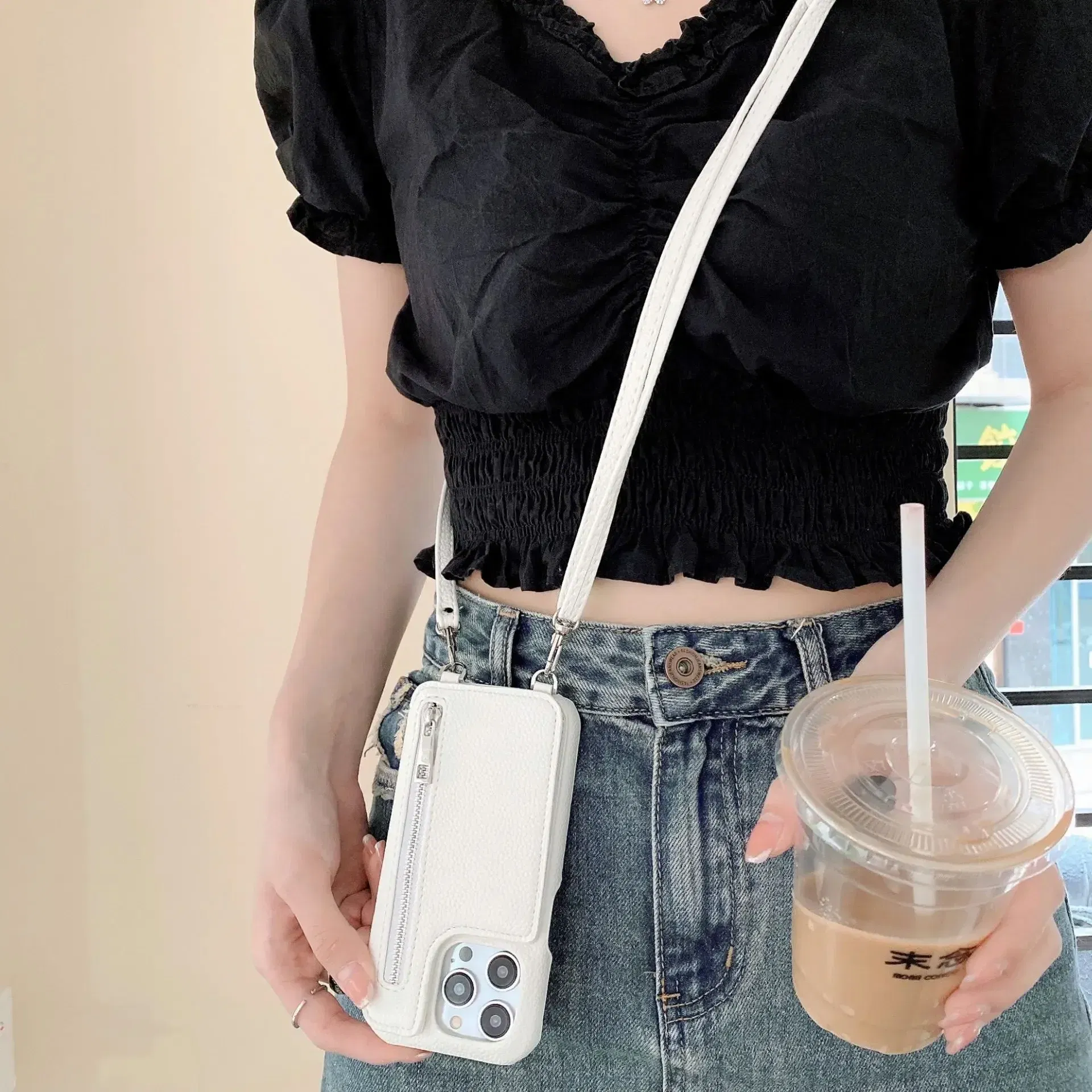 Material: CANVAS, Color: Brown - Zipper Wallet Makeup Mirror Crossbody Lanyard Case For iPhone 16 15 14 Pro Max 13 12 11 XR XS 7 8 Plus Card Slot Leather Cover