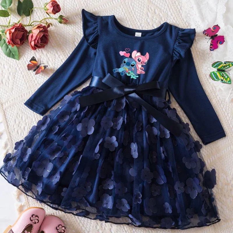Color: Cyan, Size: One Size, Height: 170 - Lilo Stitch Girl Baby Dresses Spring Autumn Child Long Sleeve Sweet Princess Dress Mesh Newborn Casual Dress Birthday Party 2-6Y