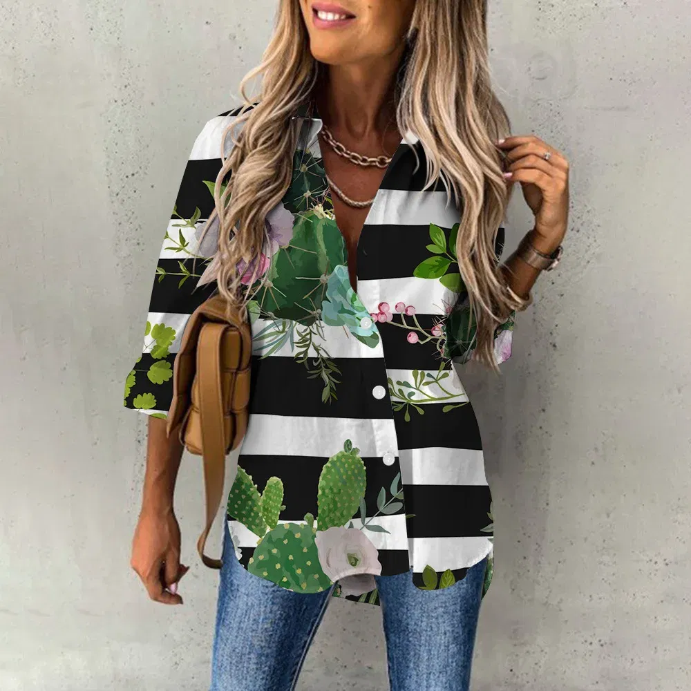 Color: green, Size: M - Ladies Long Sleeved Shirt Vacation Style Coconut Tree 3D Digital Printed Button Up Collar Loose Casual Ladies Blouse 2024 Autumn